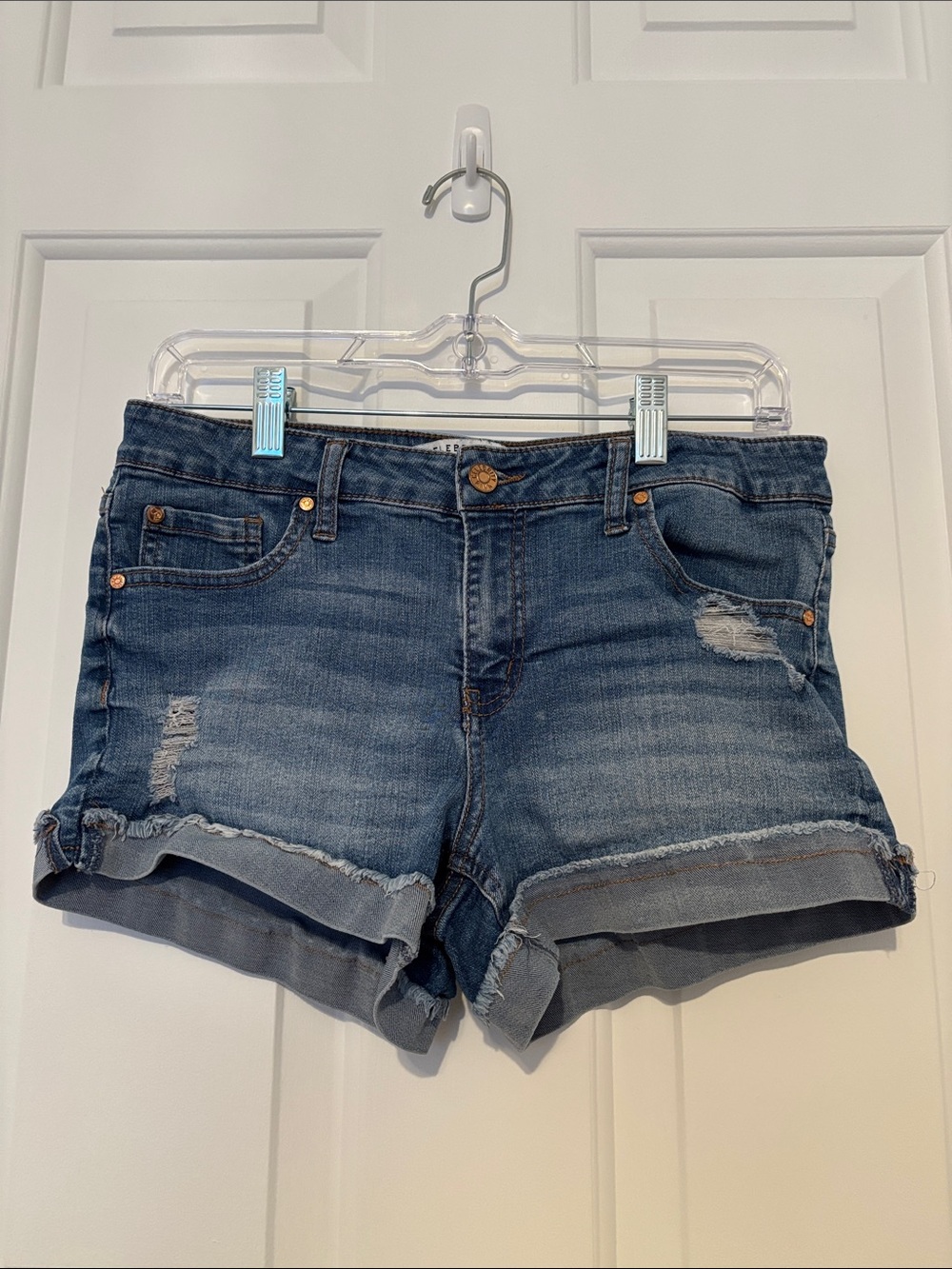 Celebrity Pink Distressed Dark Blue Denim Rolled Hem Shorts Size 7
